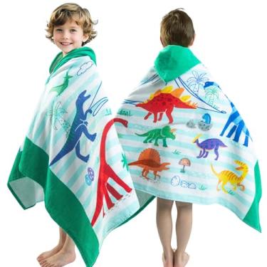Imagem de Toalha com capuz 100% algodão para crianças de 5 a 12 anos meninos meninas 152 cm x 76 cm extra grande envoltório infantil toalha de praia piscina macio absorvente poncho de praia (dinossauro GG)