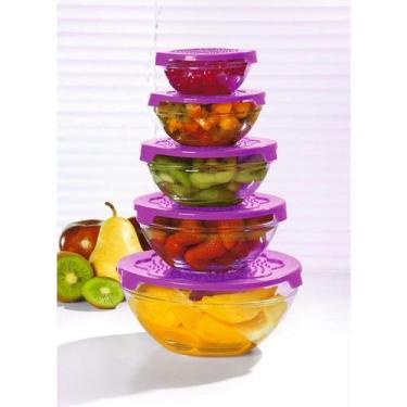 Imagem de Kit 5 Potes Tigelas de Vidro Redondo Com Tampa Roxo - PRA VC