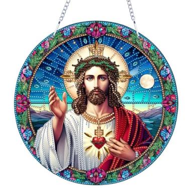 Imagem de VODAPYC Kits de pendurar Jesus Diamond Art para adultos, decoração com pingente de janela para pintura de diamantes cristãos de dupla face em formato especial (Jesus-01)