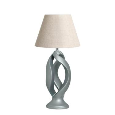 Imagem de Abajur de Sala Luminária de Mesa Grande Grego Cinza Fosco com Cúpula de Tecido