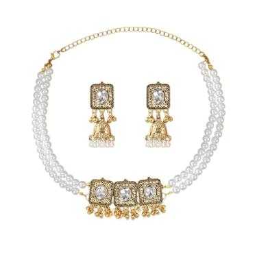 Imagem de OIDIMS Colar gargantilha de pérola indiana Jhumki Conjunto de brincos para mulheres pingente de borla de cristal brincos boho moda colares grossos festa casamento Bollywood joias Jhumka Festival, 1