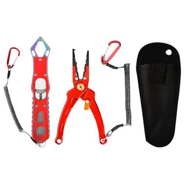 Imagem de Alicate de pesca de água salgada, alicate de anel dividido removedor de gancho com trava de segurança, ferramentas de pesca com bainha e cordão, presentes de pesca para homens (vermelho)