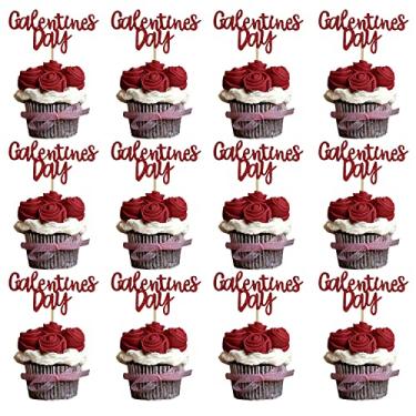 Imagem de Decorações de topo de cupcake do Dia de Galentinas, enfeite de cupcake de dia de galentinas com glitter vermelho para decoração de dia de galentina, decoração de festa de amigos galentinos, decorações de festa de dia dos namorados - 24 peças