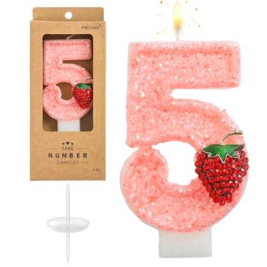 Imagem de PHD CAKE Número 5 velas de aniversário de morango, velas com números temáticos de morango, velas com número de bolo, celebração de festa