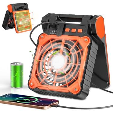 Imagem de Ventilador solar de acampamento com lanterna - Ventilador operado por bateria recarregável, tempo máximo de execução de 18H, 4 velocidades, temporizador de 8H, ventilador de mesa portátil ajustável de