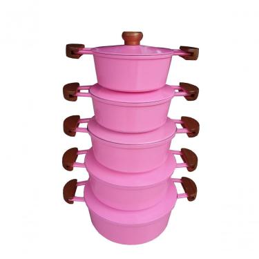 Imagem de Jogo 5 Panelas Alumínio Batido Fundido Rosa Com Tampa Pesada