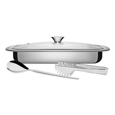 Imagem de Kit Para Assar E Servir Tramontina Cosmos Em Aço Inox Com Tampa De Vidro 3 Peças Tramon...