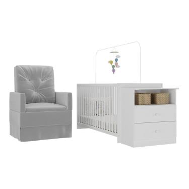 Imagem de Berço Cômoda com Poltrona de Amamentação Multifuncional Mp4066 em MDP Branco Cinza sem Colchão