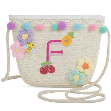 Imagem de Sacola feminina de praia de verão de palha pequena com letras 2025, bolsa de praia de palha de tecido para mulheres 2025 (F, branca), Branco