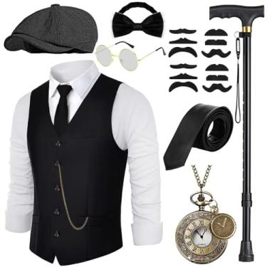 Imagem de VillbeCoser Fantasia masculina dos anos 20, conjunto de acessórios de fantasia dos anos 20, colete com muletas dobráveis, chapéu Fedora, gravata para relógio de bolso, Chapéu de boina preta, M