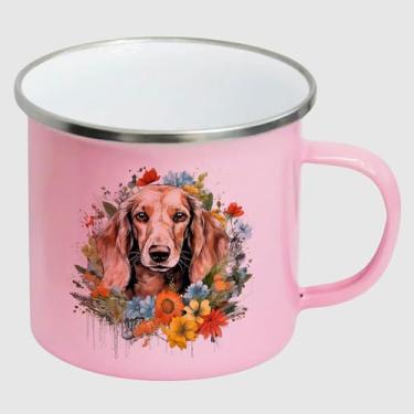Imagem de Caneca de Inox Esmaltada Rosa Premium - CACHORRO DACHSHUND FLORES CUTE
