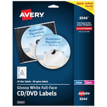 Imagem de Avery Etiquetas de CD Full Face para impressoras a jato de tinta, branco brilhante, 20 etiquetas de disco e 40 etiquetas de coluna (8944)
