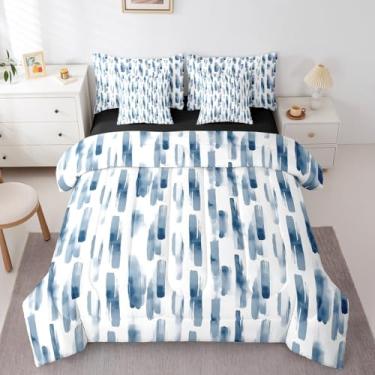 Imagem de Erosebridal Conjunto de edredom boêmio azul marinho, tamanho solteiro, arte abstrata, estética e listrada, para crianças, adolescentes e adultos, conjunto de colcha de aquarela com pintura a tinta