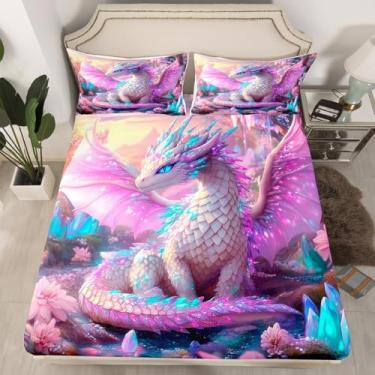 Imagem de Jogo de cama Queen com dragão colorido, animais misteriosos, cristal aquarela, flores rosa, floral, 3 peças (sem lençol de cima), lençol com elástico profundo, vida selvagem mágica, 2 fronhas