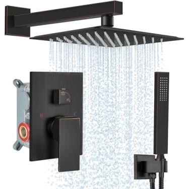 Imagem de Midanya Bronze polido a óleo sistema de chuveiro de 25,4 cm cabeça de chuveiro de chuva quadrada montagem na parede conjunto de torneira de chuveiro com pulverizador manual válvula áspera kit de acabamento de válvula de banheiro conjunto de chuveiro misturador de banheiro