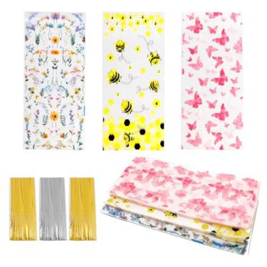 Imagem de Framendino, Pacote com 150 sacos de guloseimas de celofane para festa de flores silvestres borboleta abelha doce plástico transparente brindes de festa de primavera para lanche de aniversário