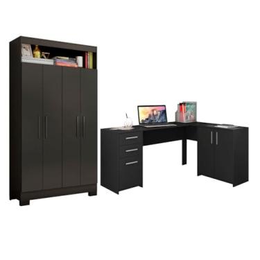Imagem de Escrivaninha e Armário 2 em 1 com 4 Portas e 3 Gavetas, Preto, Notável Móveis