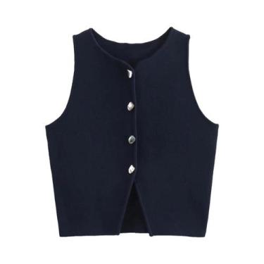 Imagem de Blusa Feminina Cropped de Malha - Sem Mangas, Gola Redonda e Botões - 