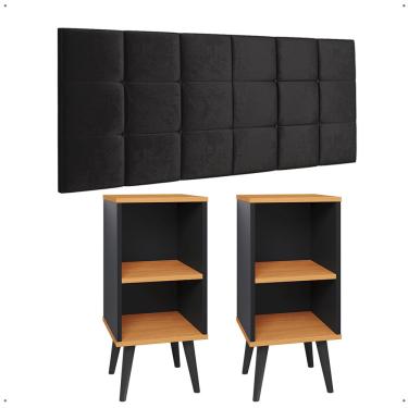 Imagem de Kit 2 Mesinhas Lateral Charme Nicho Preto/Cinamomo Cabeceira Suspensa Bia 1,60 Cama Queen Decoração Quarto Casal Suede - Lojas rpm