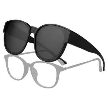 Imagem de JIANGTUN Óculos de sol Fit Over the Glass Warp Around Around Around The Glass Óculos de sol polarizados com proteção UV, Lente cinza com armação preta GG