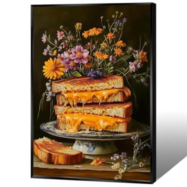 Imagem de Pôsteres engraçados em tela de sanduíche vintage queijo grelhado arte de parede flores caprichosas escuras pinturas de pão cottagecore para sala de estar sala de jantar cozinha decoração de parede