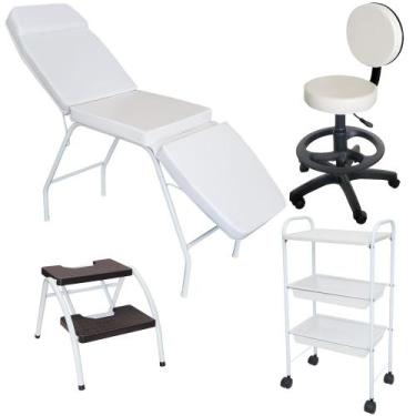 Imagem de Kit Estética Maca 3 posições, Mocho Escada e Carrinho Branco - For-ty