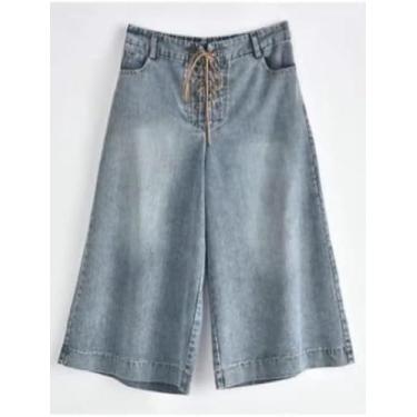 Imagem de Xku Shorts Moda Feminina Cintura Alta Calças Perna Larga Casual Soltas Bermuda Calças Cortadas, Blue B, M