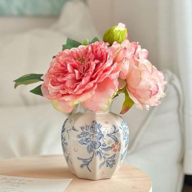 Imagem de Vaso de cerâmica vintage chinoiserie, vaso de flores decorativo de porcelana para mesa de sala de estar, prateleira de mesa de sala de estar, decoração country azul e branca