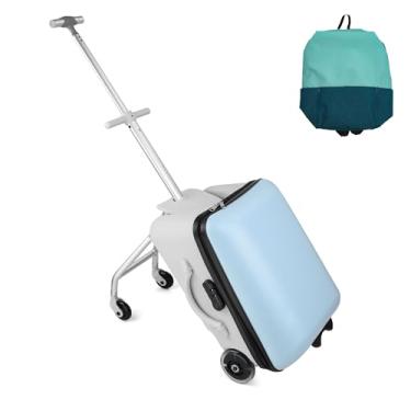 Imagem de Mala infantil de 50 cm com assento para meninos e meninas a partir de 3 anos, mala de bagagem infantil com rodas extensíveis, capa rígida leve, mala e mochila infantil para diversão e viagem fácil