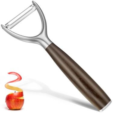 Imagem de JUSEEPO Descascador profissional de legumes, descascador de frutas de cozinha giratório, lâmina de aço inoxidável 304 afiada tipo Y, cabo de madeira de aderência confortável, adequado para maçãs
