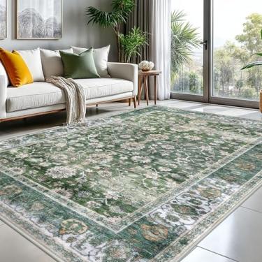 Imagem de KUTA Tapetes vintage de 20 x 25 cm para sala de estar, verde lavável, tapete grande para quarto, 2,4 m x 3 m, antiderrapante, ultrafino, macio, estampado, tradicional floral, medalhão envelhecido