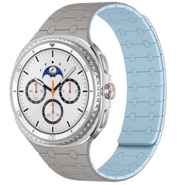 Imagem de Amizee Pulseira sem lacunas compatível com Samsung Galaxy Watch 8 de 40 mm e 44 mm/Watch 8 Classic, pulseira de silicone magnética para mulheres e homens, cáqui/L-azul