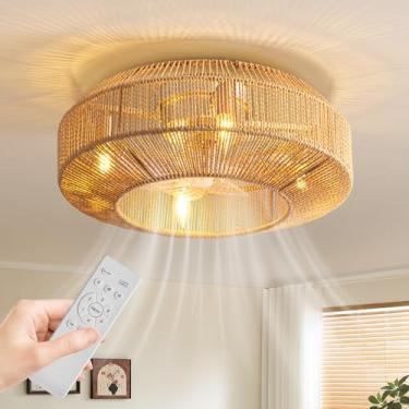 Imagem de MOOONICHE Ventilador de teto com gaiola Boho de 50,8 cm com montagem embutida estilo boho lustre de teto com controle remoto 6 velocidades para quarto, sala de estar, cozinha