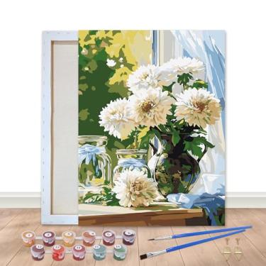 Imagem de Bimkole Kit de pintura emoldurada por números para adultos crisântemo branco, pintura a óleo DIY sobre tela com moldura, conjunto de tinta de bolas de flores por números para decoração de parede de