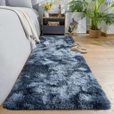 Imagem de AROGAN Tapetes felpudos 5 x 15 cm para corredor, tapetes laváveis com espuma viscoelástica para quarto, entrada interna, tapete fofo para quarto de bebê, quarto de bebê, azul e cinza