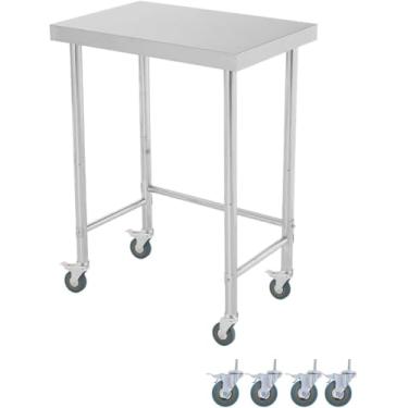 Imagem de Mesa de trabalho de aço inoxidável de 46 x 71 cm, mesa de trabalho de 136 kg, pesada, NSF, com pés ajustáveis e rodízios de bloqueio, base aberta, mesa utilitária de metal de camada única para cozinha