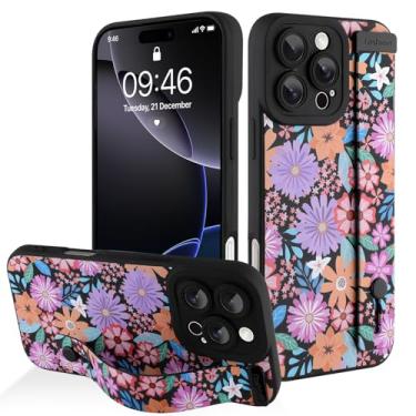 Imagem de AIGOMARA Capa para iPhone 16 Pro Max com alça para mulheres e meninas, linda estampa de flores florais coloridas, capa protetora de silicone com suporte de faixa macia, preta