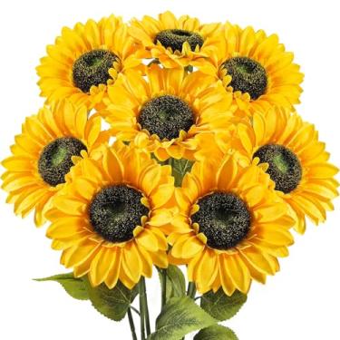 Imagem de Subacy 8 peças, 15 cm L x 59,9 cm A, girassóis grandes, flores artificiais com hastes longas, buquê de girassóis falsos de seda, arranjo de girassol falso para vaso doméstico, mesa de casamento