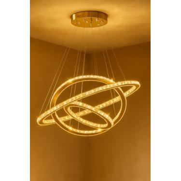Imagem de Lustre Pendente Cristal K9 Dourado 3 Anéis – LED Integrado 120W com Controle Remoto – Dimerizável, Ajuste de Cor – Ideal para Pé-Direito Alto, Sala de Estar - Jantar - Halls e Escadarias – Bivolt