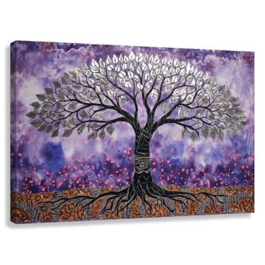 Imagem de Árvore da Vida Arte de Parede Folhas Prateadas Impressão em Tela para Decoração Pintura Céu Roxo Arte da Natureza 60x40cmx1