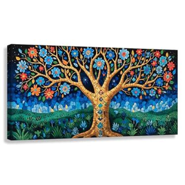 Imagem de Árvore da Vida Arte de Parede Impressão em Tela Natureza Decoração para Sala de Estar Quarto Azul Verde Pintura 80x40cmx1