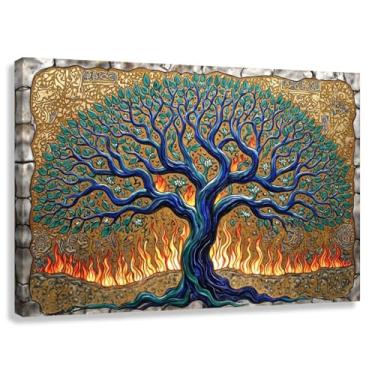 Imagem de Árvore da Vida Arte de Parede Impressão em Tela Fotos de Decoração Chama da Vida Crescimento Espiritual Azul Verde Laranja 90x60cmx1