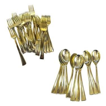 Imagem de Kit 25 Mini Colher e Garfo Dourados 10cm Acrílico Rígido - Genérica