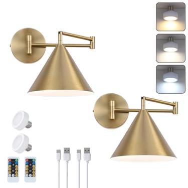 Imagem de ZCPULS Conjunto de 2 arandelas de parede com braço oscilante recarregável, operado por bateria, sem fio, regulável, 3 cores, com controle remoto, luminária interna cone para cabeceira, cozinha