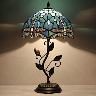 Imagem de AVIVADIRECT Tiffany Candeeiro de mesa de vidro manchado estilo libélula azul mesa cabeceira luz de leitura 30 x 30 x 48 centímetros com base de folha de metal decoração quarto sala de estar