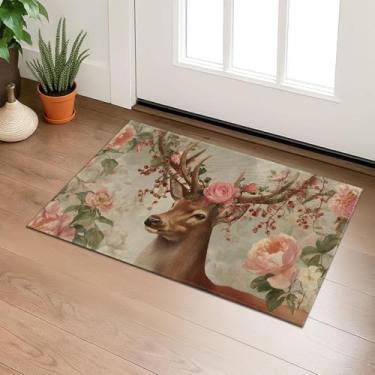 Imagem de SIMFEP Tapete de porta de cervo floral, Welcome 73 cm × 43 cm, não tecido, elegante, cervo com rosas, tapete antiderrapante para porta da frente, varanda, banheiro, cozinha, decoração de casa