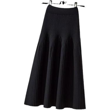 Imagem de Saia De Malha Grande Para Mulheres - Simples Cor Sólida Listrada Cintura Elástica Longa Grossa Quente Tornozelo Guarda-chuva Saia, Black, One Size