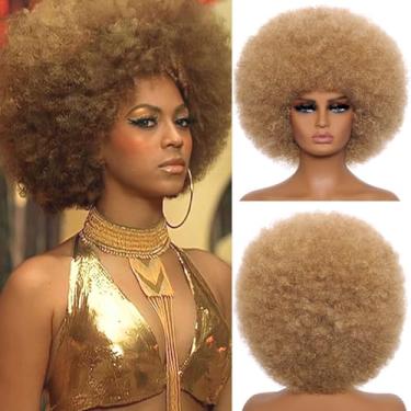 Imagem de MYCNIMY Perucas afro para mulheres negras dos anos 70, perucas afro encaracoladas, macias de aparência natural e loira de mel saltitante grande peruca afro para festa diária cosplay fantasia (castanho