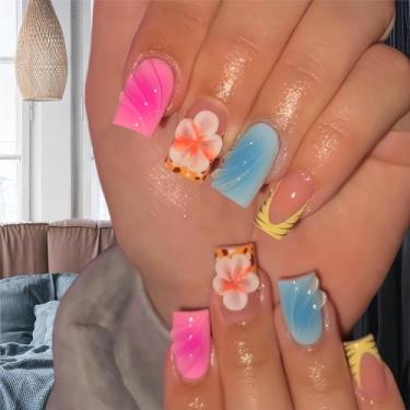 Imagem de Unhas curtas quadradas de ponta francesa, cola rosa azul nas unhas com redemoinho 3D e desenhos de flores, unhas de acrílico, prensas, cobertura total, para mulheres, manicure, 24 peças