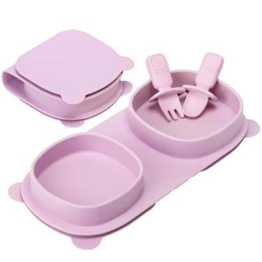 Imagem de Pratos de jantar dobráveis de silicone, pratos de sucção essenciais para viagens de bebês com garfos e colheres, seguro para micro-ondas e lava-louças, roxo